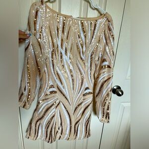 Long sleeve, white, tan, and gold sparkly dress!!